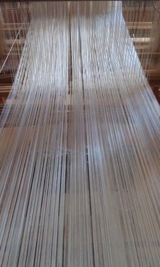 Drawloom, looking at warp from back to front of loom.