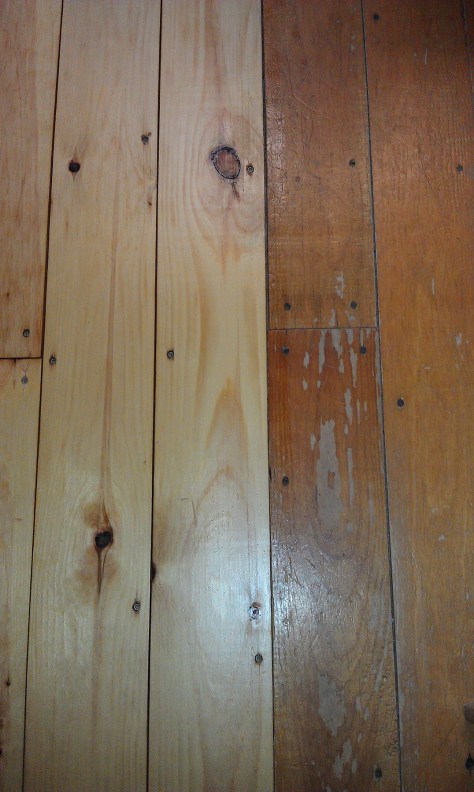 Old floor (right) and newly refinished floor boards (left). 