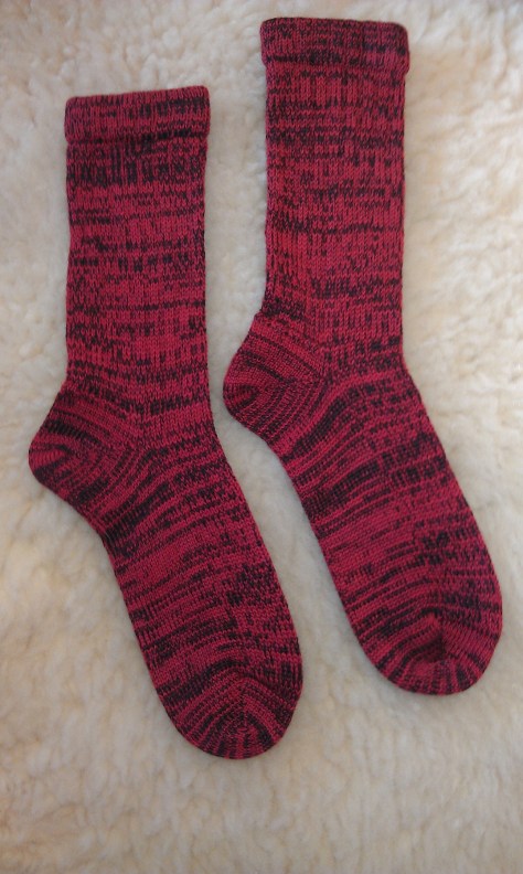 Red Embers, socks made on a 1908 Gearthart sock machine.