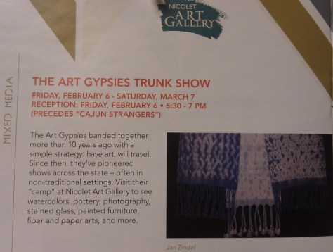 Art Gypsy Trunk Show at Nicolet College Art Gallery, Feb. 6 - Mar. 7.