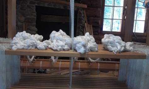 Four sections of warp, each one 16+ yards in length, ready to beam.