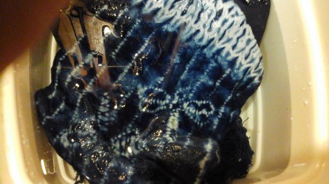 Dragonflies border scarf, in rinse water.