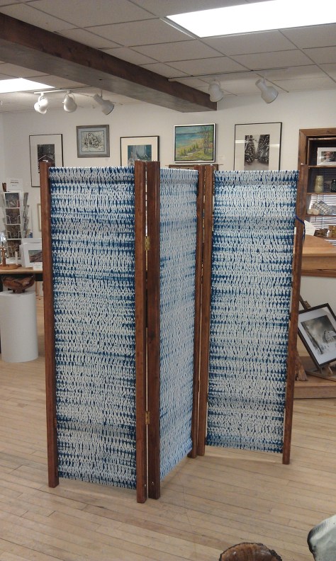 Woven shibori three-panel room divider/screen. 