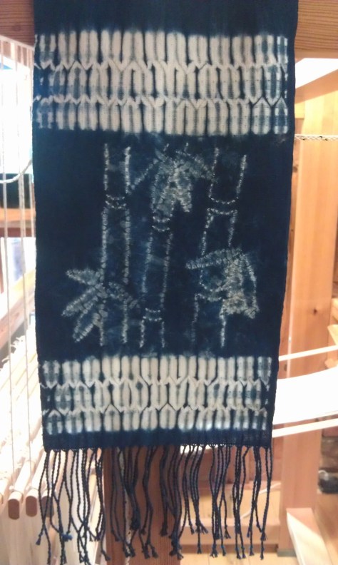 Woven shibori scarf with free-stitched design. (SOLD)