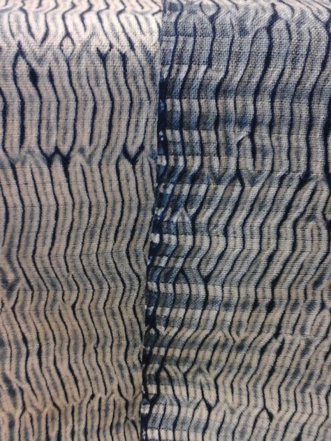 Woven shibori, indigo-dyed, two scarves nearing completion.